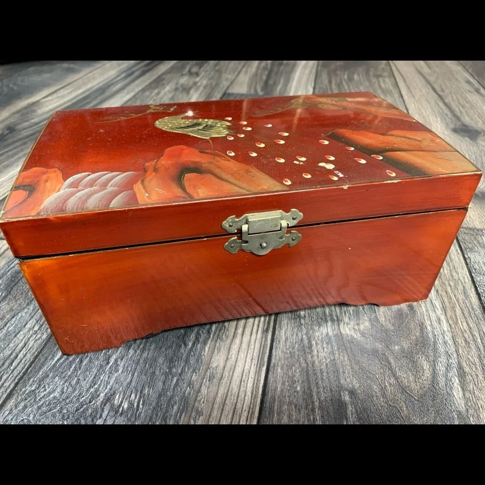 Vintage Musical Jewelry Box Hand Painted Peacock